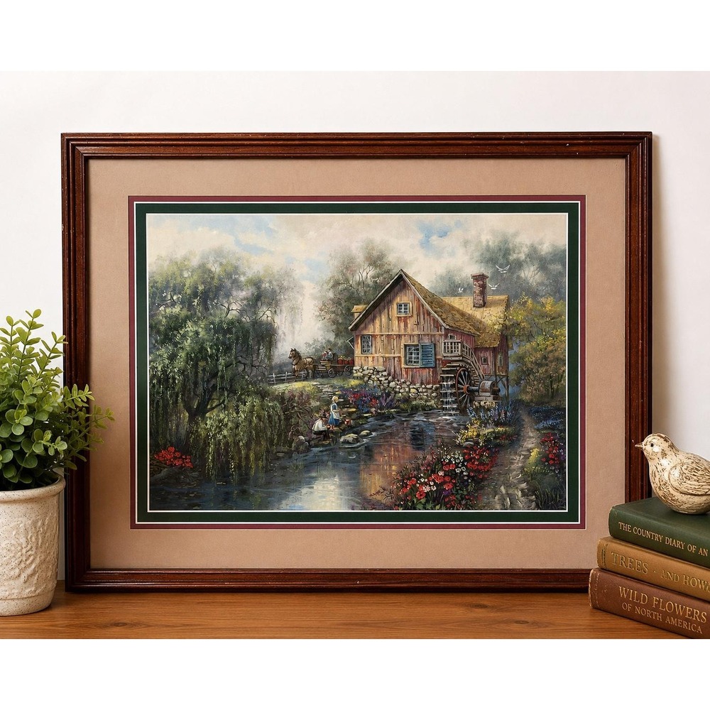 VTG Home Interiors Framed Watermill Cottage Landscape Print Wall Art Farmhouse